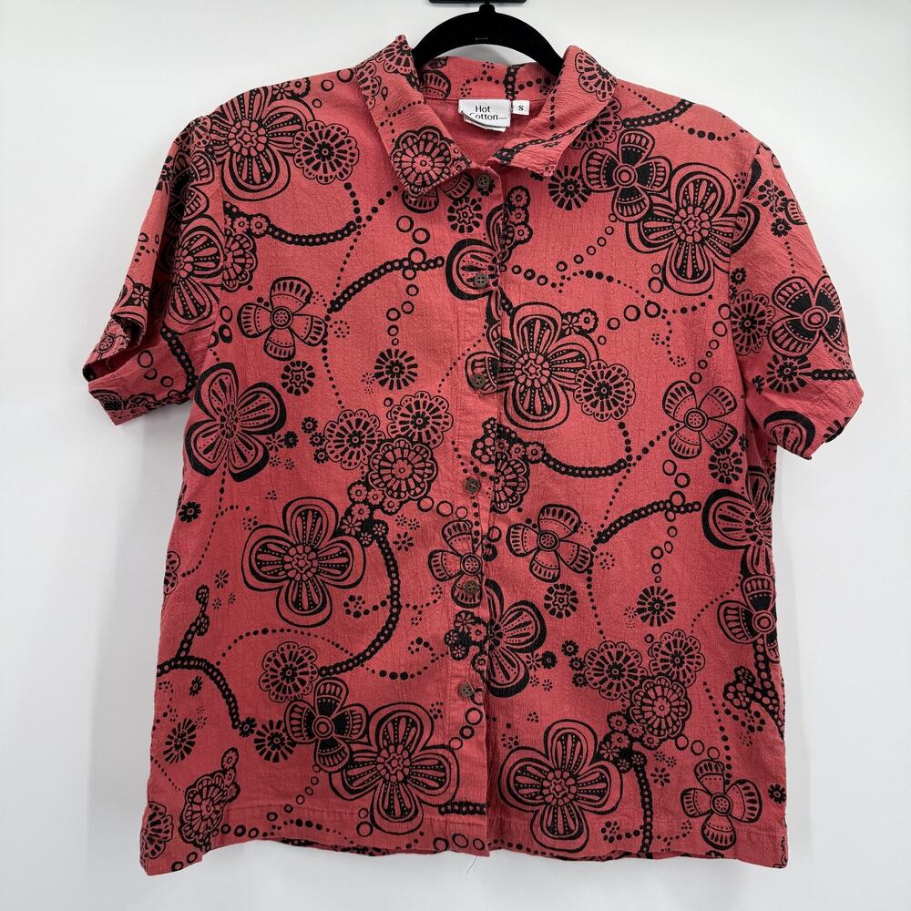 Hot Cotton Shirt Womens Small Pink Black Floral Button Up Short Sleeve Boho Top